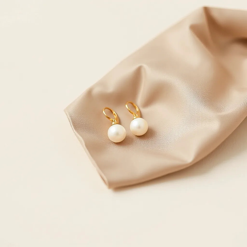 Pair of elegant pearl earrings resting on soft satin with subtle gold accents and gentle highlights
