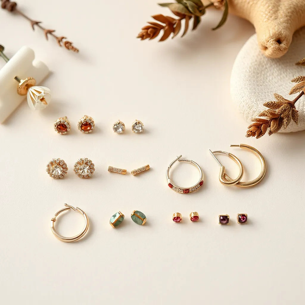 Assorted designer-style earrings with gold-tone and silver-tone finishes arranged on a neutral background