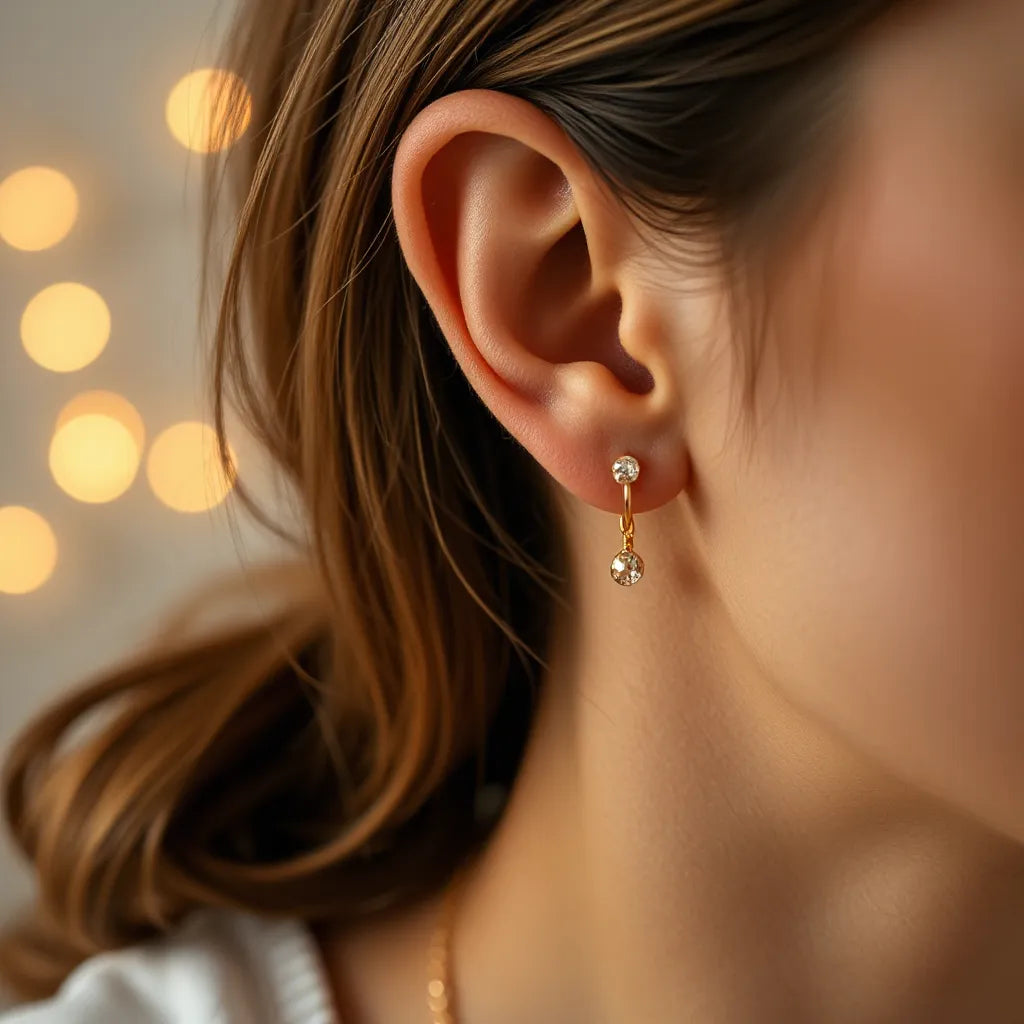 Woman wearing elegant gold stud and hoop earrings with warm lighting against a neutral background