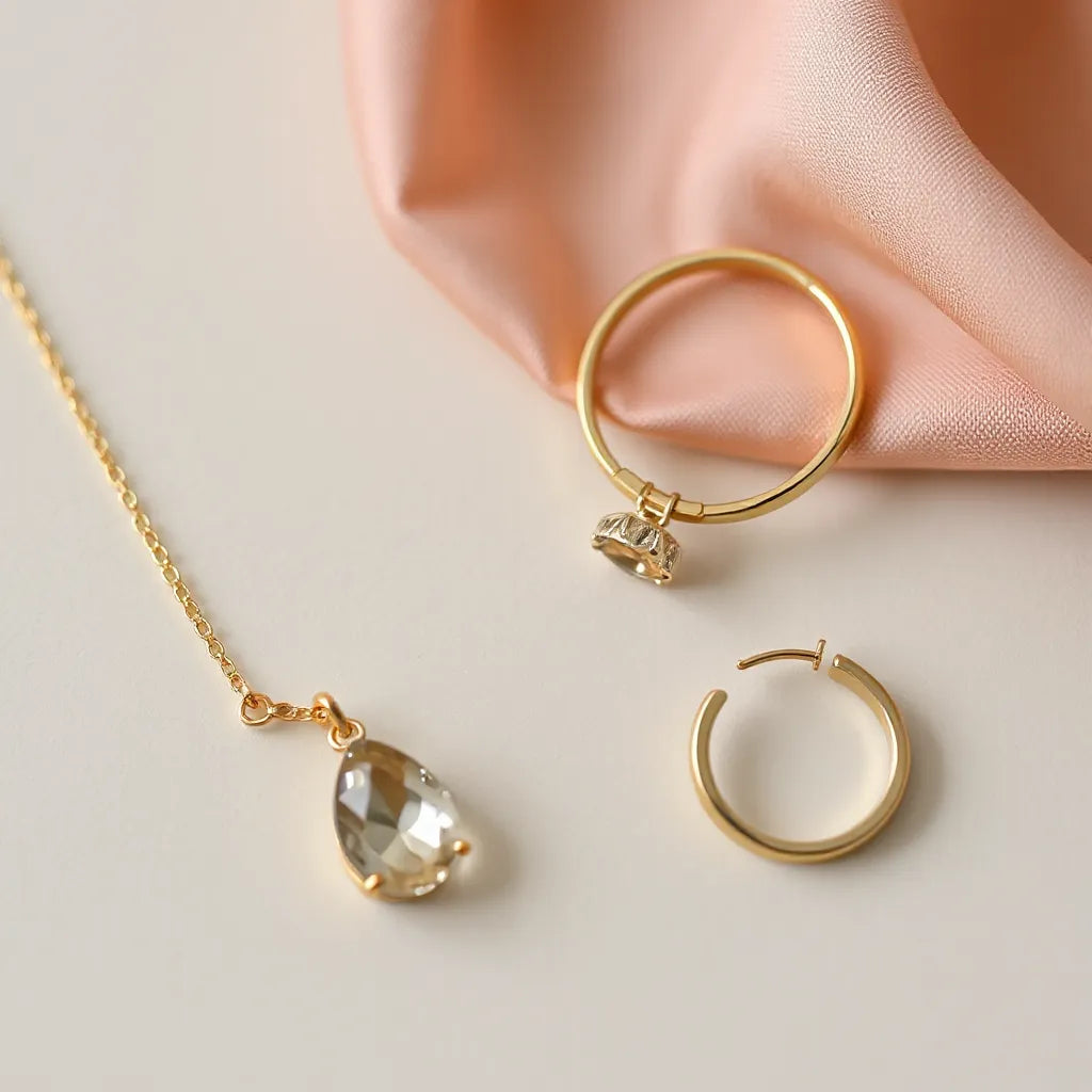 Delicate fashion jewelry set with necklace, earrings, bracelet, and ring on a light background