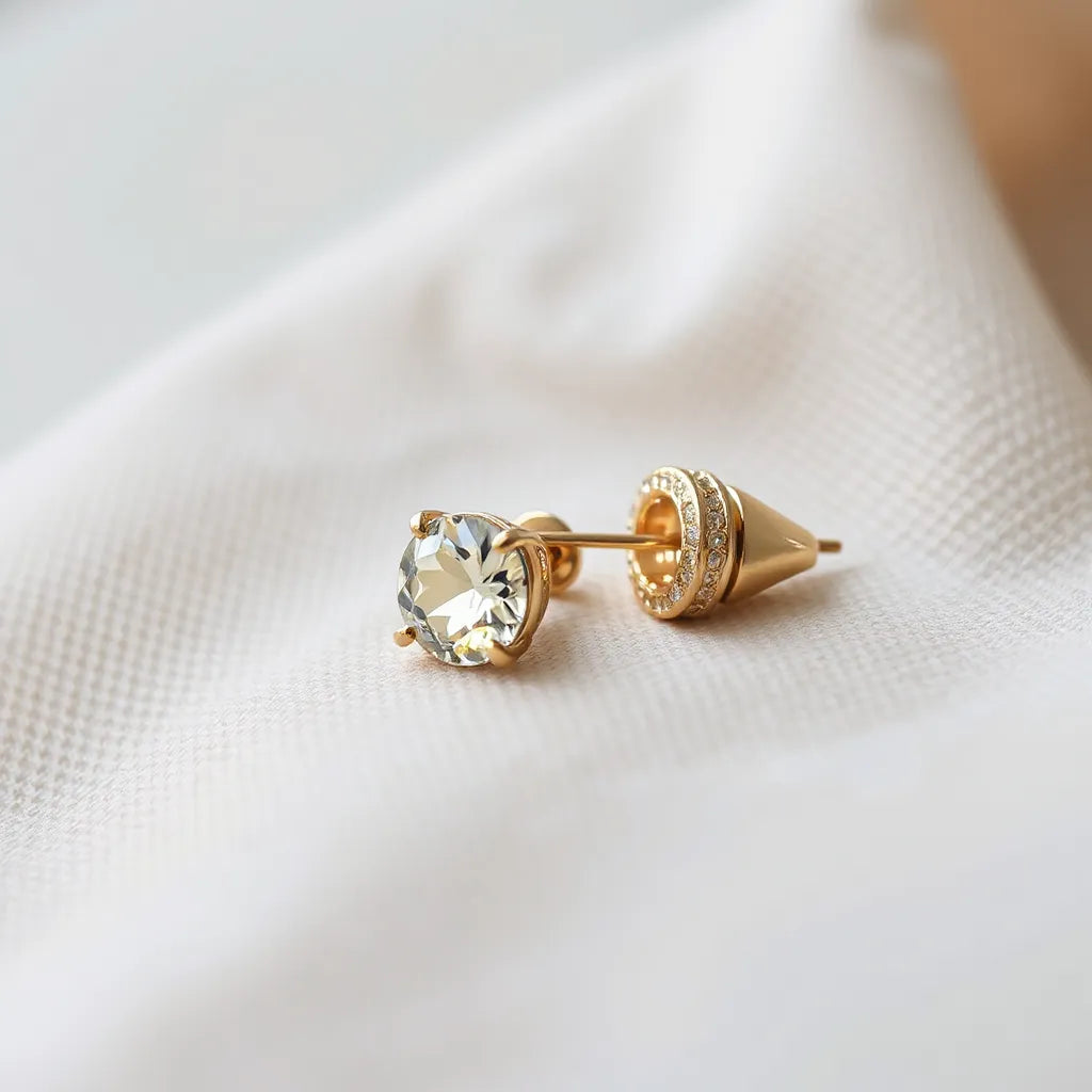 Gold zircon drop earrings with a sparkling setting on a neutral background under soft natural light