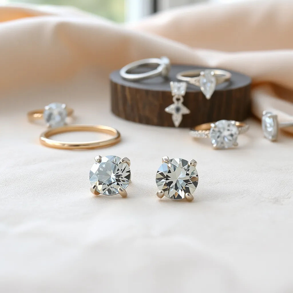 Pair of zircon earrings with sparkling stones on a soft neutral fabric background in natural light